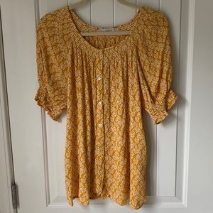 Loft Floral Smocked Puff Sleeve Crinkle Knit Blouse in Mustard Yellow